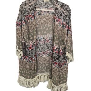 LOVE Crochet Fringe Open Front COVERUP KIMONO Floral Multi Pattern XL Cotton Ble